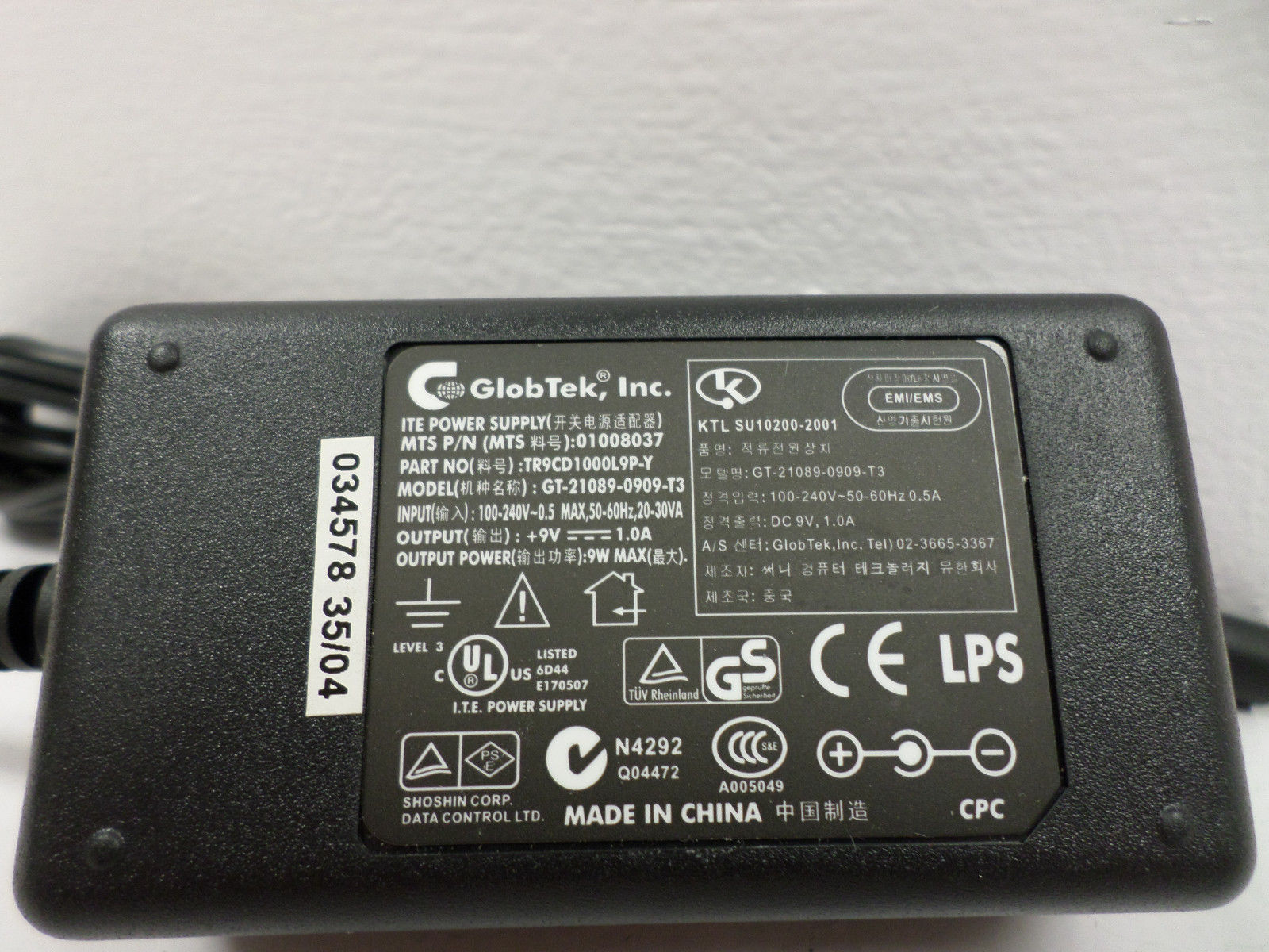 *Brand NEW*GlobTek Inc TR9CD1000L9P-Y GT-21089-0909-T3 9V 1.0A 9W Max AC Power Adapter